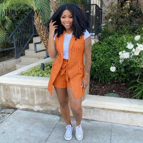 Summer Work Office Lady Striped Two Piece Set Blazer Jacket and High Waist Shorts Set Women 2ps Matching Set Outfits with Belt