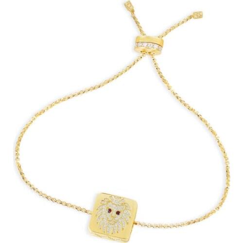 SLJELY Luxury 925 Sterling Silver Yellow Gold Color Lion Square Adjustable Bracelet Micro Zirconia Stones for Women Fine Jewelry