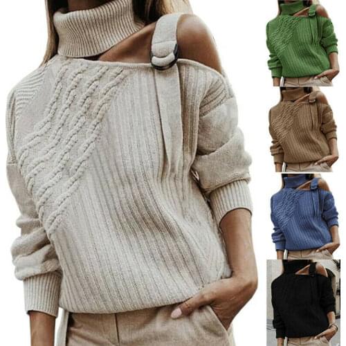 Womens Knitted Sweater Off Shoulder Buckle Pullovers Long Sleeve Turtleneck Autumn Winter Thermal Knitting Top