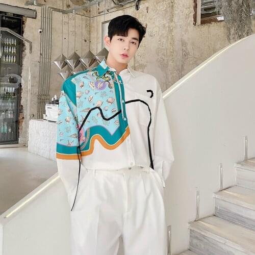 2021 fashion trend spring autumn shirt long-sleeved mens loose casual Korean printing irregular printing shirt Dress Shirts