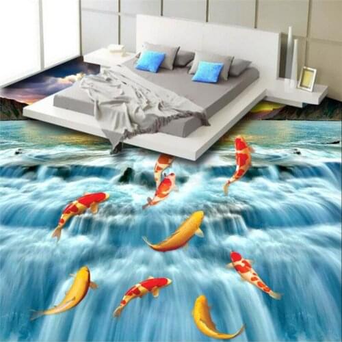 Beibehang Carp jump gantry 3D floor tiles custom large fresco pvc environmentally friendly wear waterproof to paste