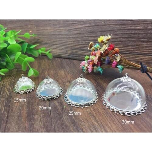 5sets 15/20/25/30mm Transparent half round glass globes silver plated filigree crown double lace edge base tray 8.5mm metal cap