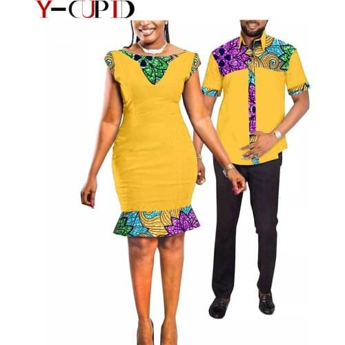 African Clothes for Couples Bazin Riche Women Print Patchwork Ruffles Slim Dresses Matching Men Outfits Top Shirts YA20C011