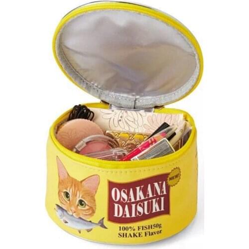 Large Canned Fish Modeling Cat Pattern Bag Toiletry Organizer Makeup Kit Bag Cosmetic Storage Bag Creative Cylinder Bags
