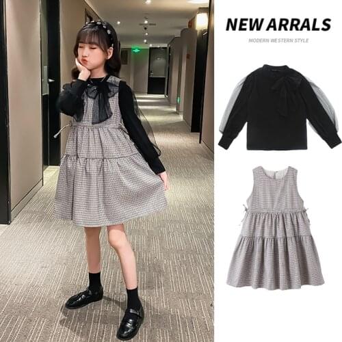 Black and White Plaid Dresses for Teenage Girls Lantern Sleeve Mesh Boutique Clothes Free Shipping Bow Girls Clothes 12 To 14