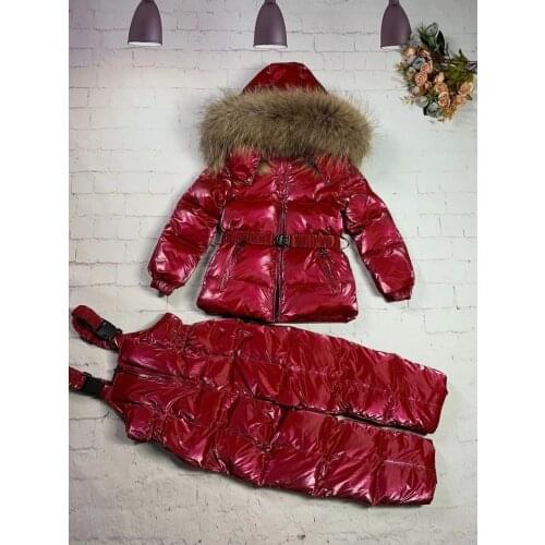 Real Fur Brand 2021 Winter Jacket Children down jackets & PANT duck down Fur hooded girl snowsuit set outerwear ski suit