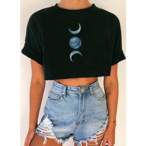 25#Womens T Shirt Sun and Moon Print Round Neckline Sexy Navel Vintage Top T-shirt Harajuku Summer Casual Short Sleeve Tshirts