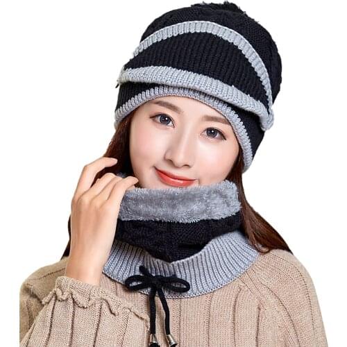 3PCS Womens Winter Scarf Set Thickend Knitted Hat Scarf Face Cover Outdoor Fleece Lined Knit Beanie Scarf Male And Women 2020