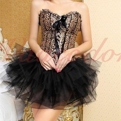 Beautiful Hot Burlesque Leopard Printing Corsets Sexy Feral Charm Leopard Deluxe Shapers Animal Costume With Tutu Skirt