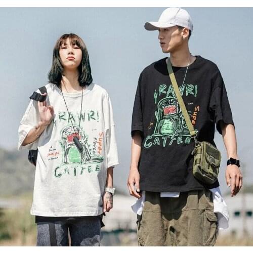 Summer Anime Interest White Casual Kawaii Hip Hop Little Dinosaur Print Short Sleeved Couples Dress Tops Harajuku Women T-shirts