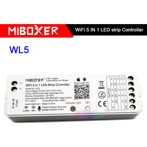 Miboxer WL5 5 IN 1 WiFi LED controller 2.4G 15A LED Strip dimmer For Single color, CCT, RGB, RGBW, RGB+CCT Led lamp tape