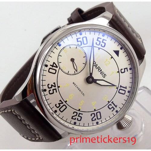 44mm parnis silvel white dial leather strap ST hand winding 6497 mechanical mens watch