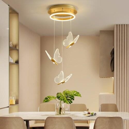 2021 New Stair Chandelier Modern Acrylic Butterfly Lampshade Duplex Hanging Lamp Living Room Dining Room Art LED Stair Lighting