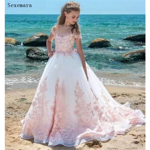 New Flower Girl Dresses Pink Lace Appliques with Long Train Princess First Communion Gown Custom Made