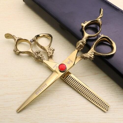 6 inch gold dragon handle hairdressing scissors Hair salon cutting and thinning scissors Japanese 440C barber shop scissors