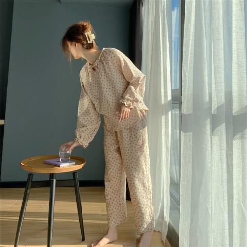 Spring autumn 100% cotton pajamas set shivering cherry print lace sleepwear pyjamas pants 2 pcs long sleeve homewear suit Y036