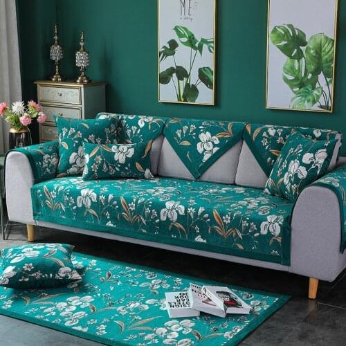 Luxury Anti-ski Green Sofa Covers for Living Room Chenille Sofa Cushion Couch Cover Nordic Embroidery Corner Sofa Towel Seat Pad