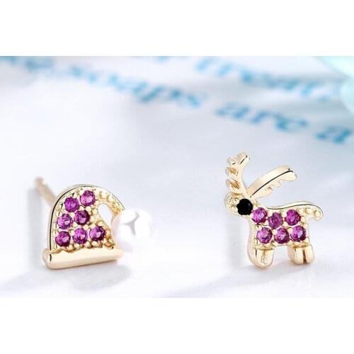 Luxury Rose Gold Plated Pearl Christmas Hat Earrings Fashion Asymmetry Women CZ Zircon Elk Earrings Charm Women Christmas Gift
