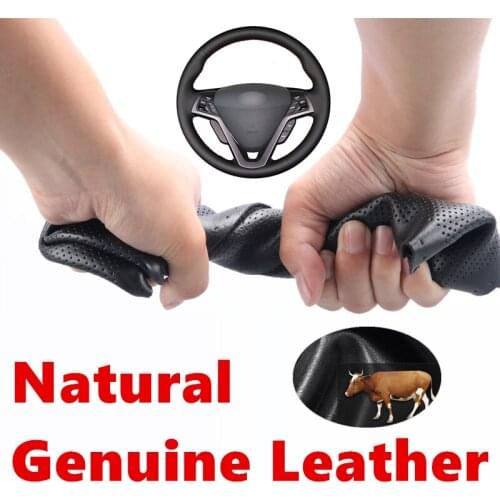 Hand stitched black Genuine Calfskin Leather Car Steering Wheel Cover for Hyundai Veloster 2011 - 2018