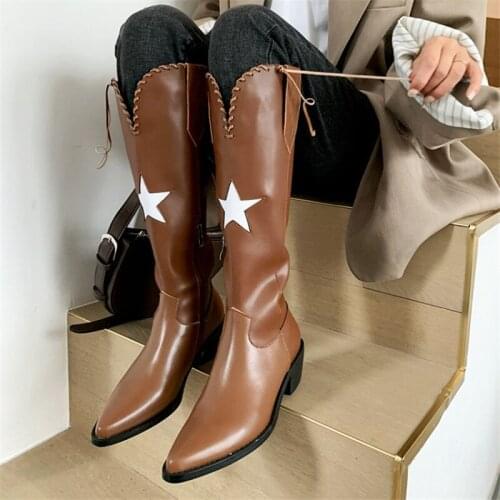 PXELENA Cool Street Western Cowboy Genuine Leather Knee High Boots Women Med Heels Motorcycle Biker Long Boots Autumn Winter 40