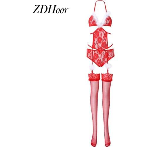 Sexy Floral Lace Lingerie Set Womens Sheer Bodysuit Feather Trimmed Backless Christmas Costumes Bikini Leotard with Stockings