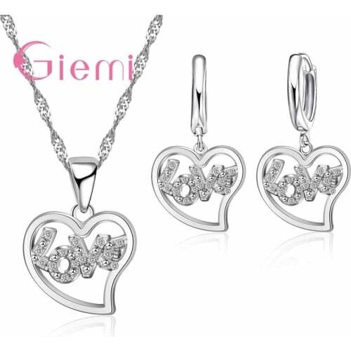 925 Sterling Silver Classic Love Font Pattern Necklace Earrings Wedding Ceremony Jewellery Set and CZ AAAA