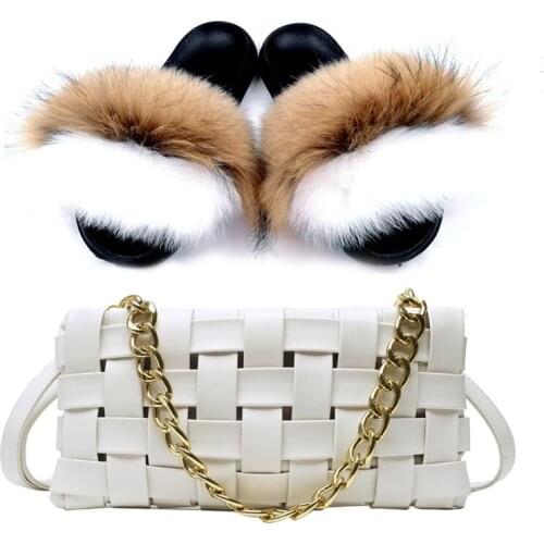 Women Shoes Women Fox Fur Slippers Summer Slippers Real Fur Slides Women New Wallet Shoulder Bag PU Woven Crossbody Bag Set