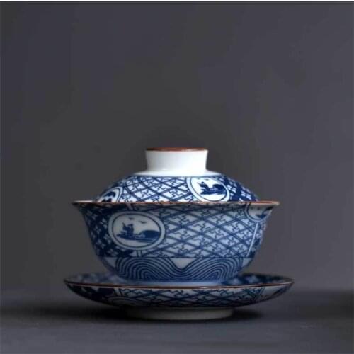 Blue and White Porcelain Kung Fu Gaiwan Creative Simple Teapot Office Teacups Household Large Tea Bowl Drinkware