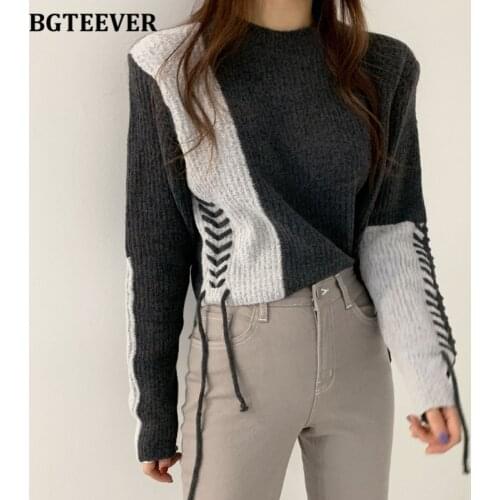 BGTEEVER Stylish O-neck Patchwork Female Knitted Pullovers O-neck Long Sleeve Bandage Women Sweater Jumpers Casual Knitwear Tops