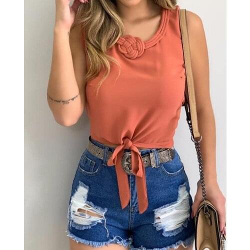 Women Sleeveless T-Shirt Fashion Bow Knot Shirts Solid Color Sexy Crop Tops Female O-Neck Tee Summer Blusas