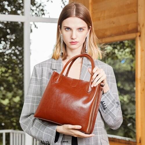 Womens bag female genuine leather Fashion Oil Wax Real Cow Leather women bag Women Leather Handbags Casual Brown Bucket bags