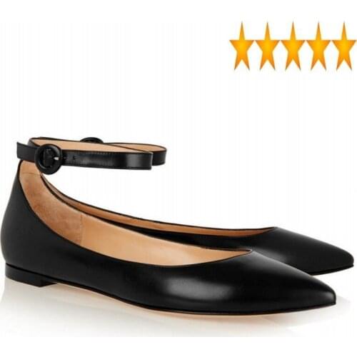 Elegant Fashion Women Flat Vintage Black Pointed Toe Office Flats Spring Autumn Buckle Sheepskin Ladies Shoes Plus Size