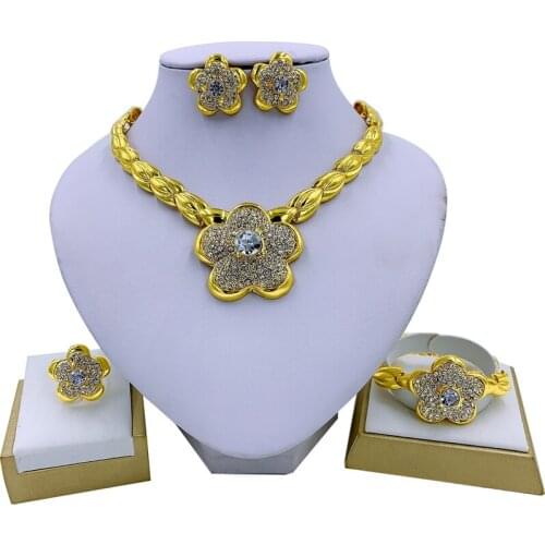 Women Gold Jewelry Party Flower Necklace Bracelet Earrings Ring Crystal Jewelry Wedding Fashion Jewelry Sets Bridal Accessories
