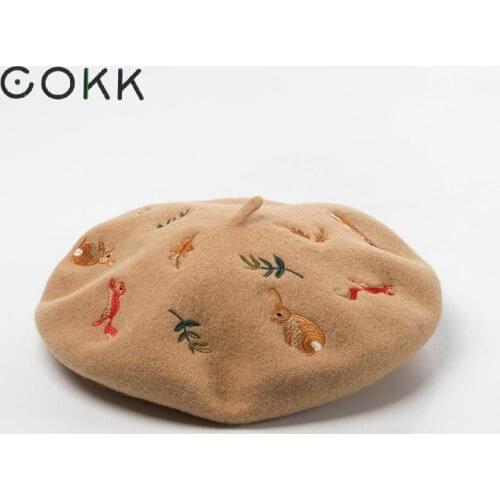 COKK Handmade Embroidery Rabbit Squirrel 100% Wool Beret Womens Hats Painter Cap Lady Autumn Winter Baret Cap Hat Female Design