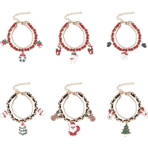 Christmas Leather Female Chain Bracelet For Women Girl Cartoon Christmas Tree Elk Moon Pendant Black Red Chain Jewelry Gift 2021