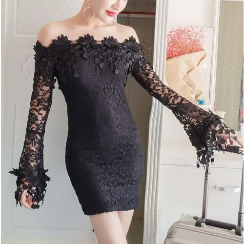 Women Sexy Lace Hollow Out Floral White Dress 2021 Elegant Slash Neck Full Sleeve Party Dress Slim Off Shoulder Bodycon Dresses