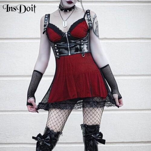 InsDoit Gothic Mesh Patchwork Summer Dress Women Vintage Sexy Sleeveless A-LINE Dress Punk Aesthetic Elegant Party Club Dresses