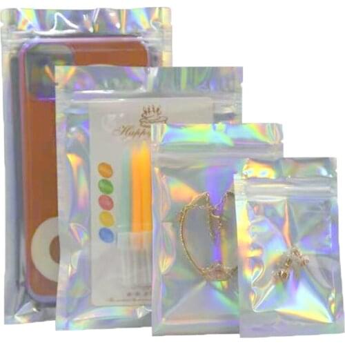 100Pcs Clear Glittery Silver Aluminum Mylar Foil Bag Zip Lock Grip Seal Tear Notch Flat Pouches for Food Nuts Tea Snack Candy