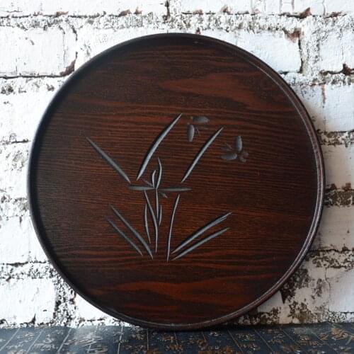 12"Handmade Serving Tray Orchid Butterfly Sculpture Woold Circle Pallet Tea Set Glass Storage Tray Home/Hotel Tableware