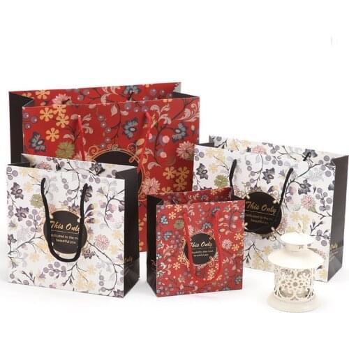 20pcs Red flower Candy Box Bags With Handles Kraft Paper Gift Bag Popcorn Box Baby Shower Wedding Decor Birthday Party Supplies