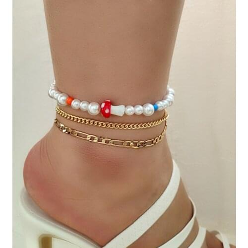 2021 Fashion Multilayer Mushroom Beads Anklet Set For Women Simple Golden Chain Anklets Bracelet Summer Beach Party Jewelry Gift