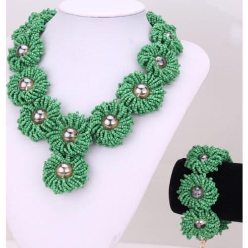 4UJewelry African Jewelry Set Green Flowers Handmade Jewellery Set Balls Gold Nigeria Wedding beads