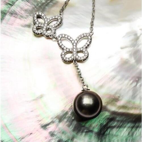 Free Shipping 11.3mm Green Tahitian Pearl Butterfly Crystal Pendant 925 Sterling Silver 18-19"
