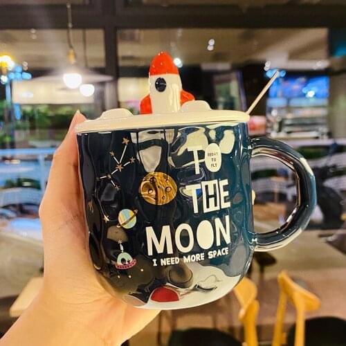 Rocket Star Mugs Cute Cartoon Ceramic Water Bottle with Lid and Spoon Large Capacity Coffee Cup with Mobile Phone Holder Cover