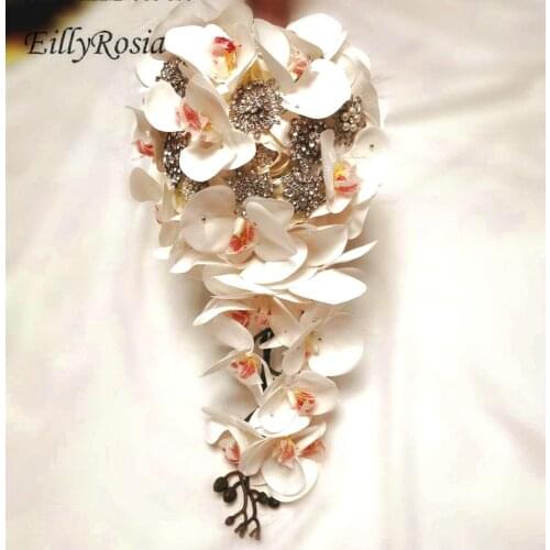 EillyRosia Phalaenopsis Orchid Cascading Bridal Bouquet White Elegant Waterfall Wedding Bouquet Newest Design Wedding Flowers