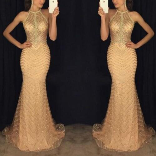 Elegant Halter Neck Party Dresses Apricot Sequined Maxi Dresses Backless Bodycon Evening Sexy Club Mermaid Dress