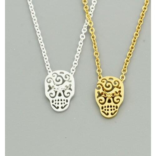 Gothic Gold color Sugar Skull Pendant Necklace Women Men Bijoux Hip hop Jewelry Stainless Steel Ghost Mask Statement Necklace
