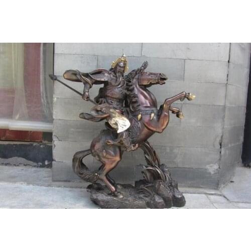 China Red Copper Bronze Ride Horse army general Guan Gong Guan Yu Warrior Statue