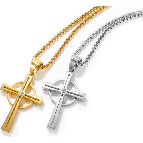 Crystals Personality Hip Hop Cross Pendant European and American Fashion Retro Trend Titanium Steel Mens Necklace 3mm24