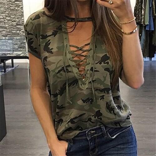 Hot-selling hot-selling camouflage deep v low-cut lace-up short-sleeved womens top t-sleeves